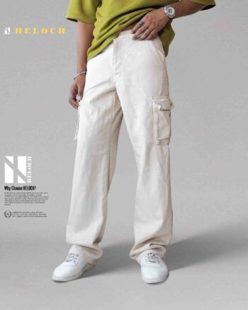 Baggy Cargo Denim Jeans – Cream | 6 Pocket